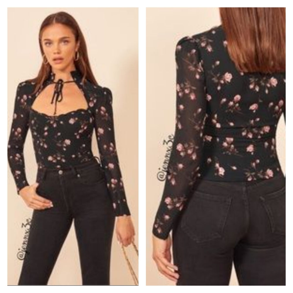 Reformation Black Floral Long-Sleeve Sweetheart Top